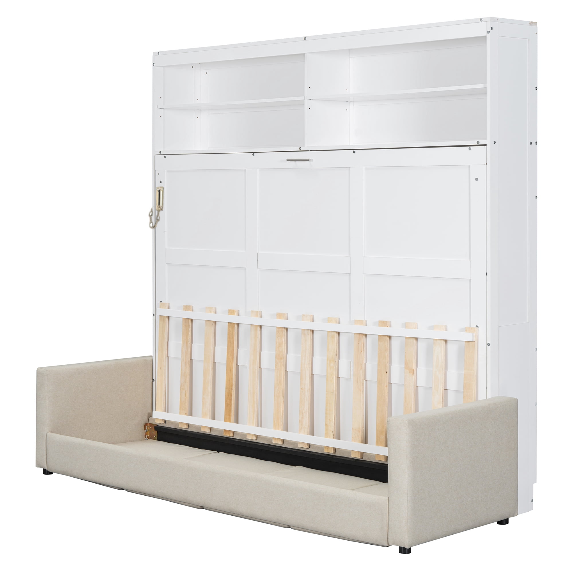 Queen Size Murphy Bed with Sofa and Open Storage Adjustable Shelves for Small Space, Guest Room