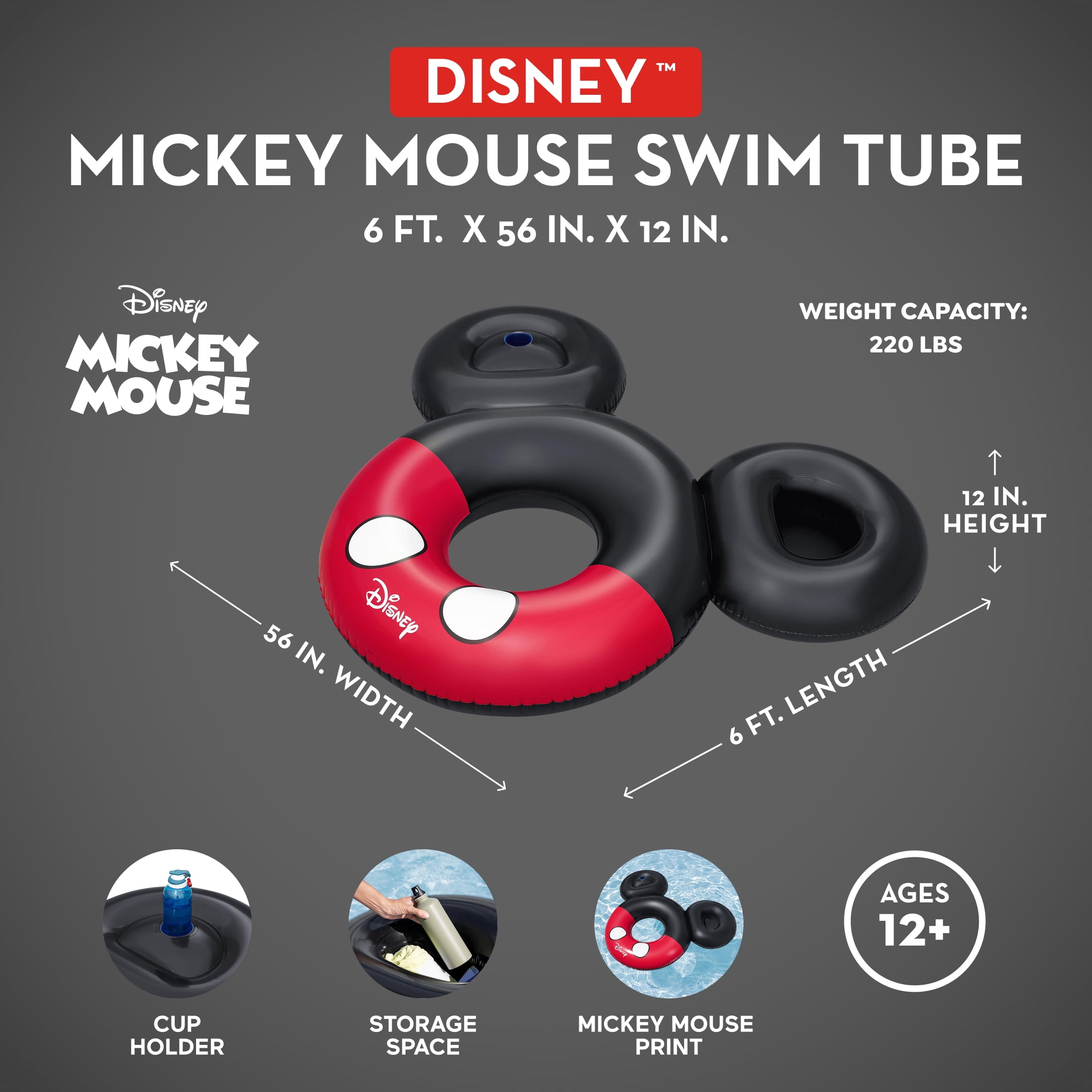 Disney Mickey Mouse Inflatable Swim Tube with Cup Holder & Storage Space, Extra Large 44’’ Dia.,  6’W X 56’’ H,  220lbs Weight Capacity, Age 12+