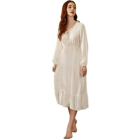 

Popvcly Night Dress Women Lace Nightie Vintage Nightwear Nightdress Home Wear Long Sleeve Autumn Summer Nighty