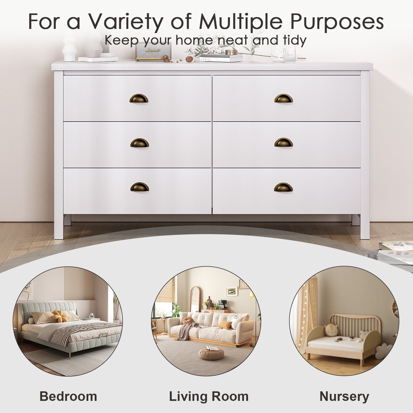 Nathaniel Home 6 Drawer Double Dresser with Legs, Modern Chest of Drawers, Large Capacity Storage Cabinet for Bedroom, Rustic Dresser for Hallway White