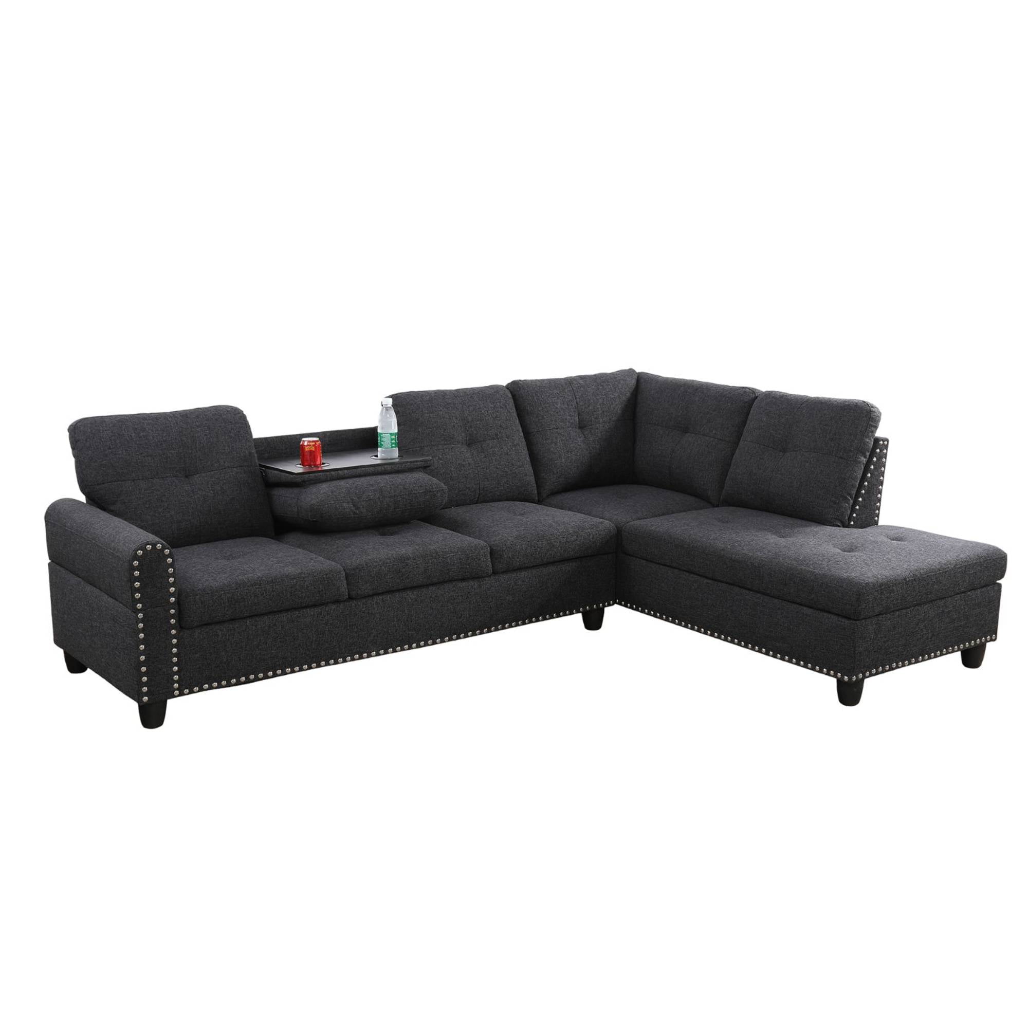 L-Shaped Linen Sectional Sofa with Right Chaise, Modular Tufted Couch Nail-Head Lounge Sofa for Living Room, Black