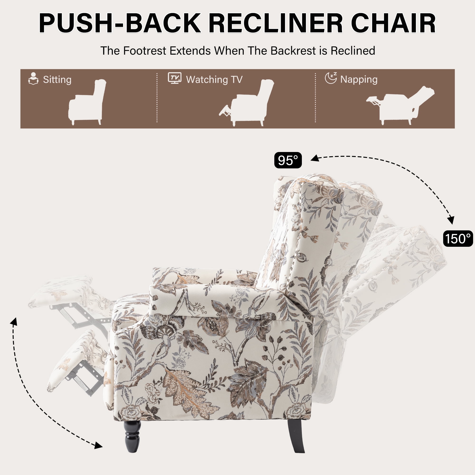 UIXE Floral Pushback Recliner Chair, Fabric Upholstered Armchair Push Back Accent Chair for Living Room, Rivet Trim Club Chair Home Theater Single Sofa Reading Seat, Plants Beige