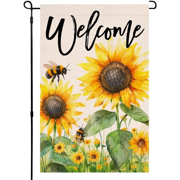 Shmbada Summer Sunflower Garden Flag 12x18 inch Vertical Double Sided Welcome Bee Flowers Spring Farmhouse Holiday Outside Decorations Burlap Yard Flag