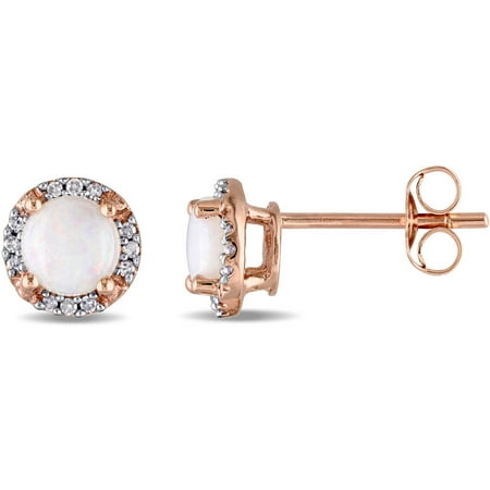 5/8 Carat T.G.W. Round Opal and Diamond-Accent 10kt Rose Gold Halo Stud Earrings