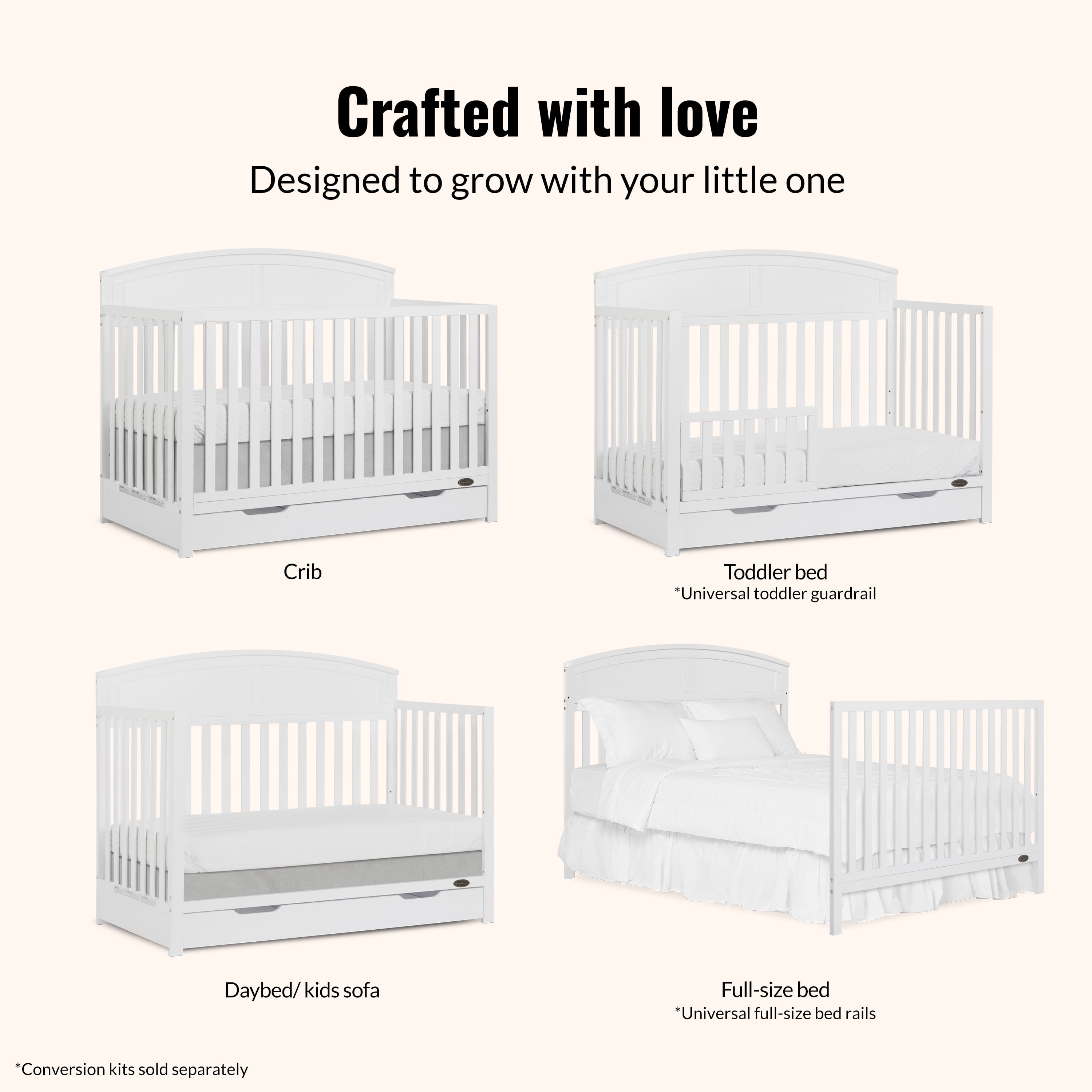 Dream On Me Storybrooke 5 in 1 Convertible Crib with Under Drawer, White