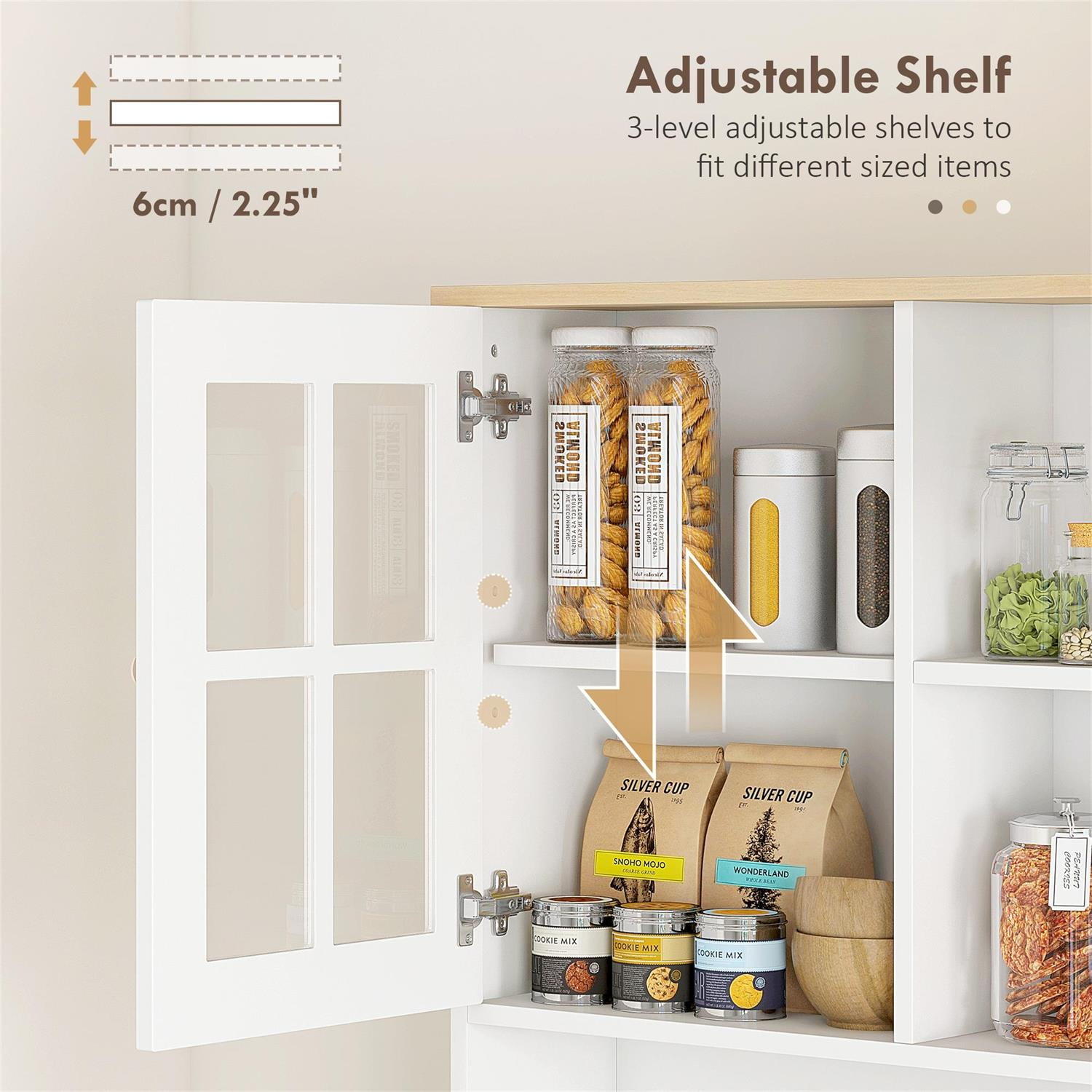 Demi Bonn 72" Kitchen Pantry Cabinet, Freestanding Storage Cabinet with Hutch, Large Countertop, Glass Doors and Adjustable Shelves for Dining Room, White