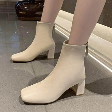 

Women Ankle Boots Autumn And Winter Simple Solid Color Fashion Comfortable Square Toe Square Heel Back Zipper