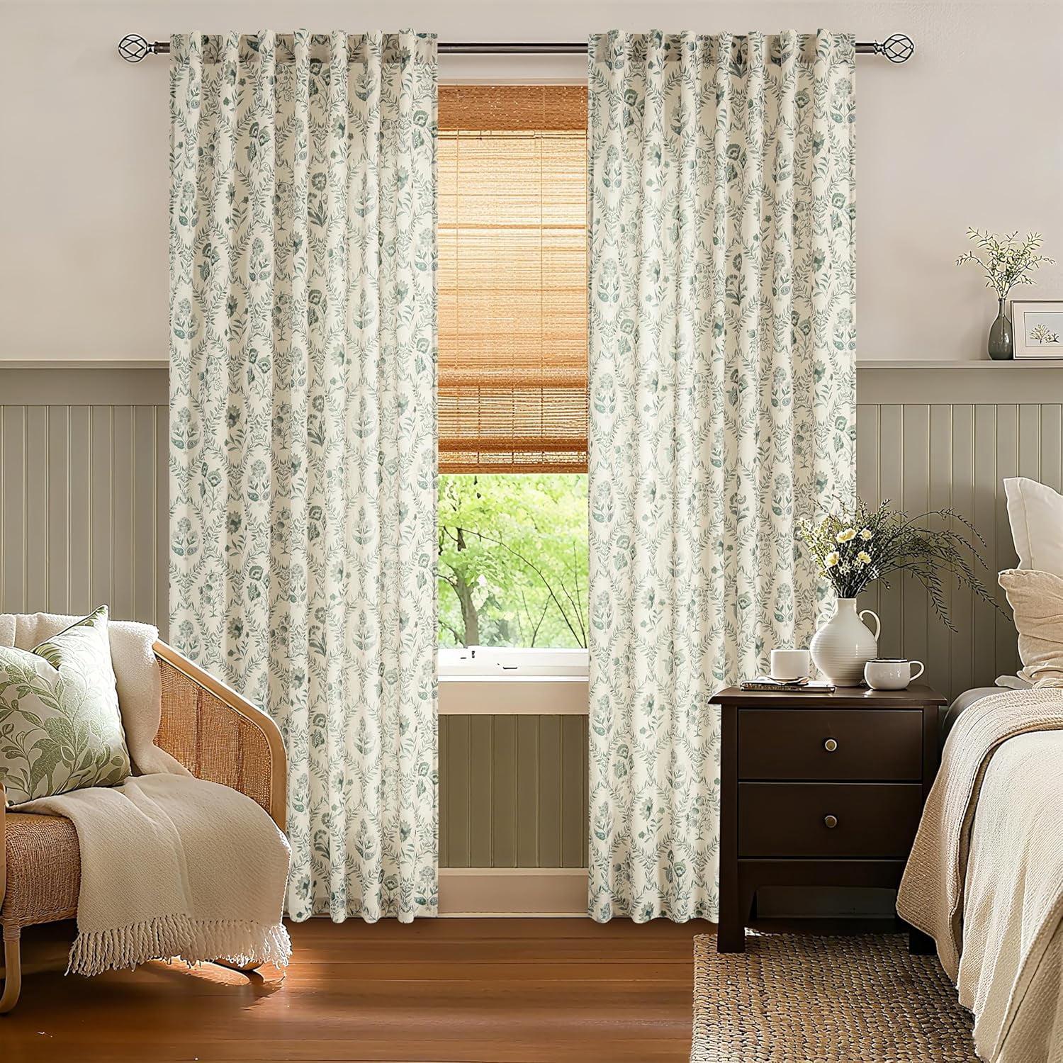 Green Farmhouse Curtains 90 Inch Length for Living Room Spring Light Filtering Back Tab Sage Greyish Green Leaf Flower Patterned Linen Curtains French Country Cottagecore Shabby Chic Floral Drapes