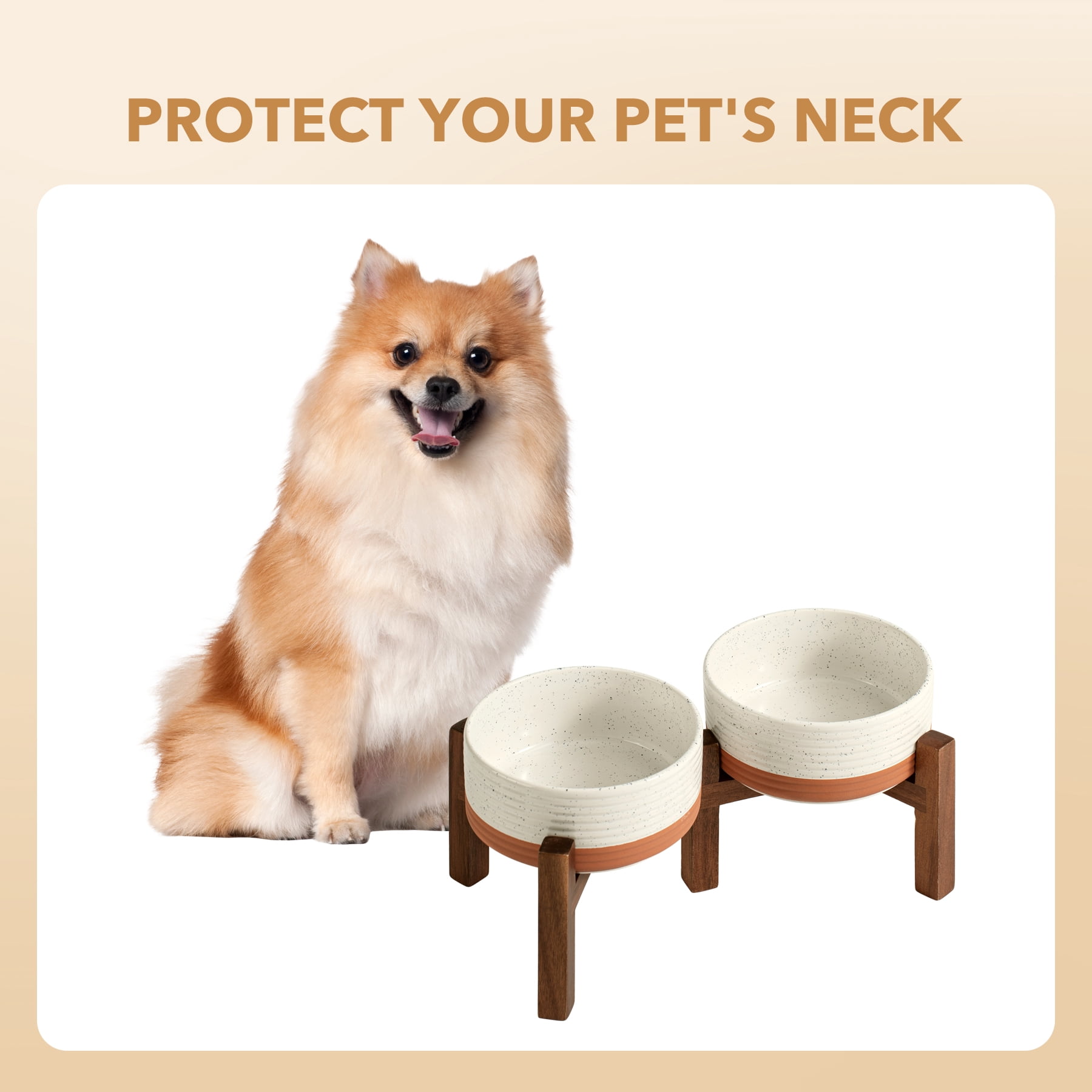 LarqeeWare Ceramic Raised Double Dog Bowls Set with Acacia Wood Stand, 2 Heights Elevated, Food & Water Bowls for Small Dogs 6.1inch (28.2oz, Vanilla White)
