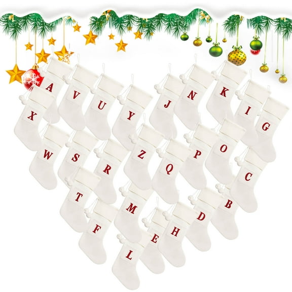 Boovnll 26 Letters Christmas Stockings, 17" Large Knitted Personalized Pendants White Christmas Stocking Cuff for Holiday Fireplace Xmas Tree Party Decor Ornaments Gifts, Christmas Decorations