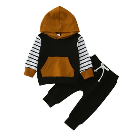 

Baby Boys Sets Black Toddler Boys Winter Long Sleeve Striped Prints Hooded Tops Pants 2Pcs Outfits Clothes Set 6-12 Months