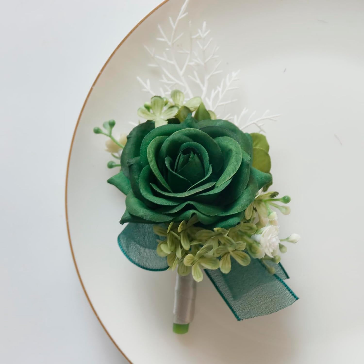 Corsage & Boutonniere Set for Wedding & Prom, Artificial Flowers Accessories – Dark Green Suit Decor (2 Pieces)