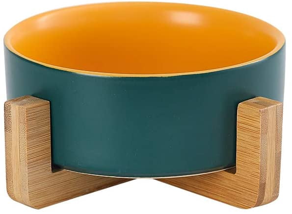 Green Yellow Ceramic Cat Dog Bowl Dish with Wood Stand No Spill Pet ...
