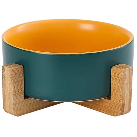 Green Yellow Ceramic Cat Dog Bowl Dish with Wood Stand No Spill Pet ...