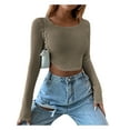 thumbnail image 2 of hirigin Women Long Sleeve Crop Tops Casual Solid Color Knitted Pullover T-shirt Blouse Streetwear Clubwear, 2 of 3