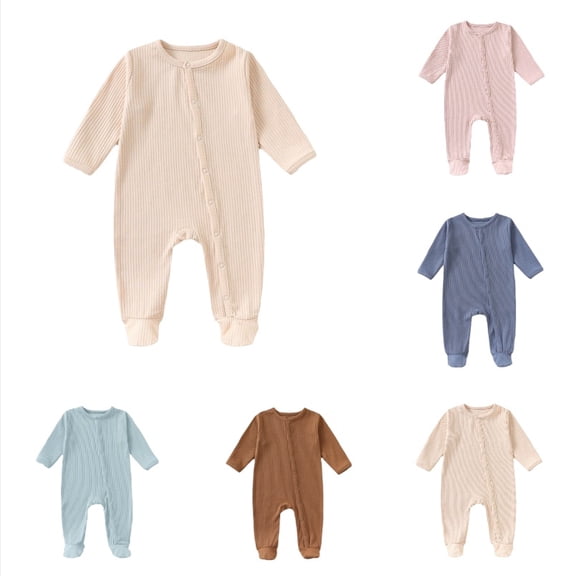 Krdevn Baby Snap Footed Jumpsuit, Long Sleeve Solid Romper, Soft Warm Crawling Outfit for Fall Winter,Beige