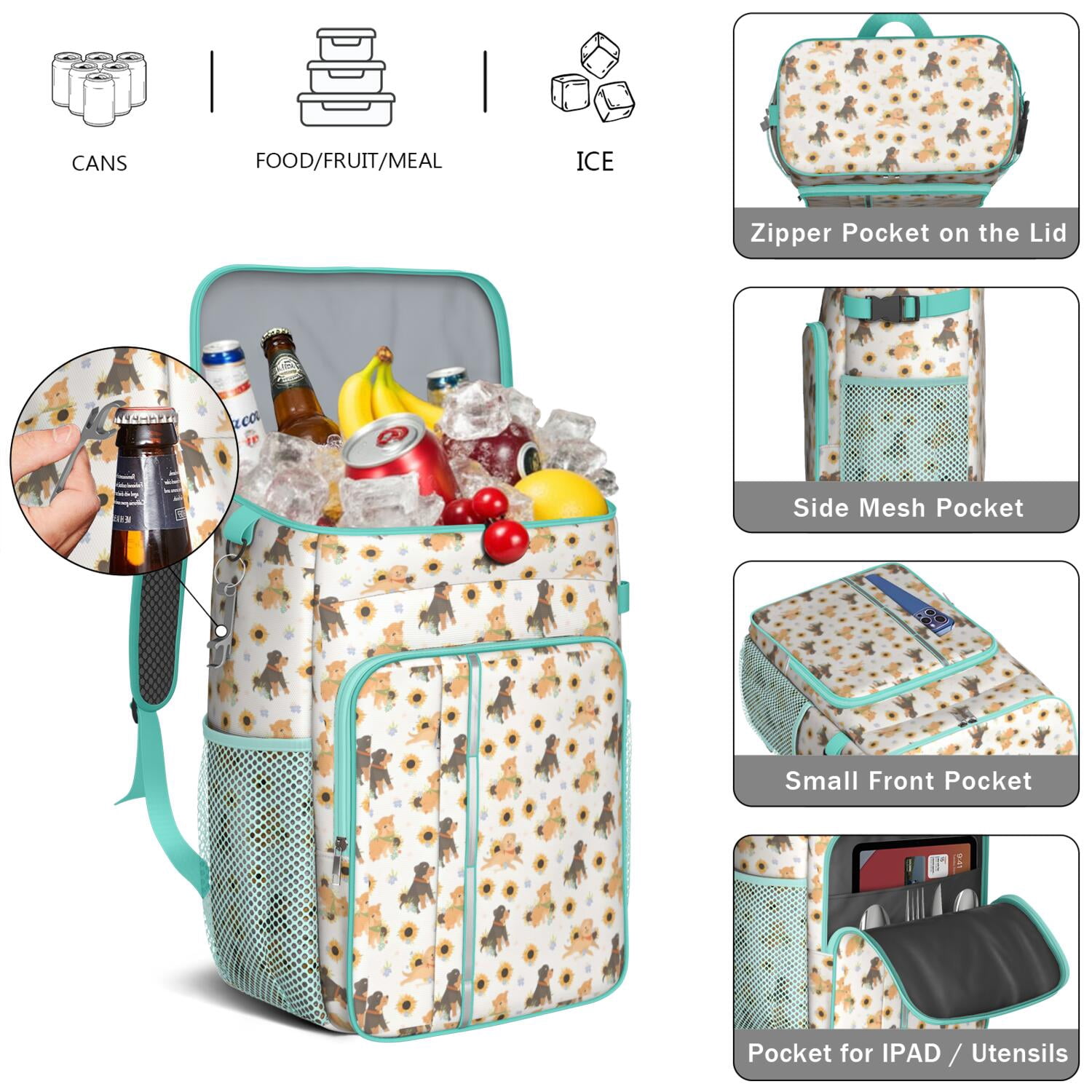 Travel Cooler Bag - Dogs with Sunflowers Camping Beer Cooler Backpack with Bottle Opener- Waterproof Insulated Picnic Backpacks - Cooler Bag for Beach