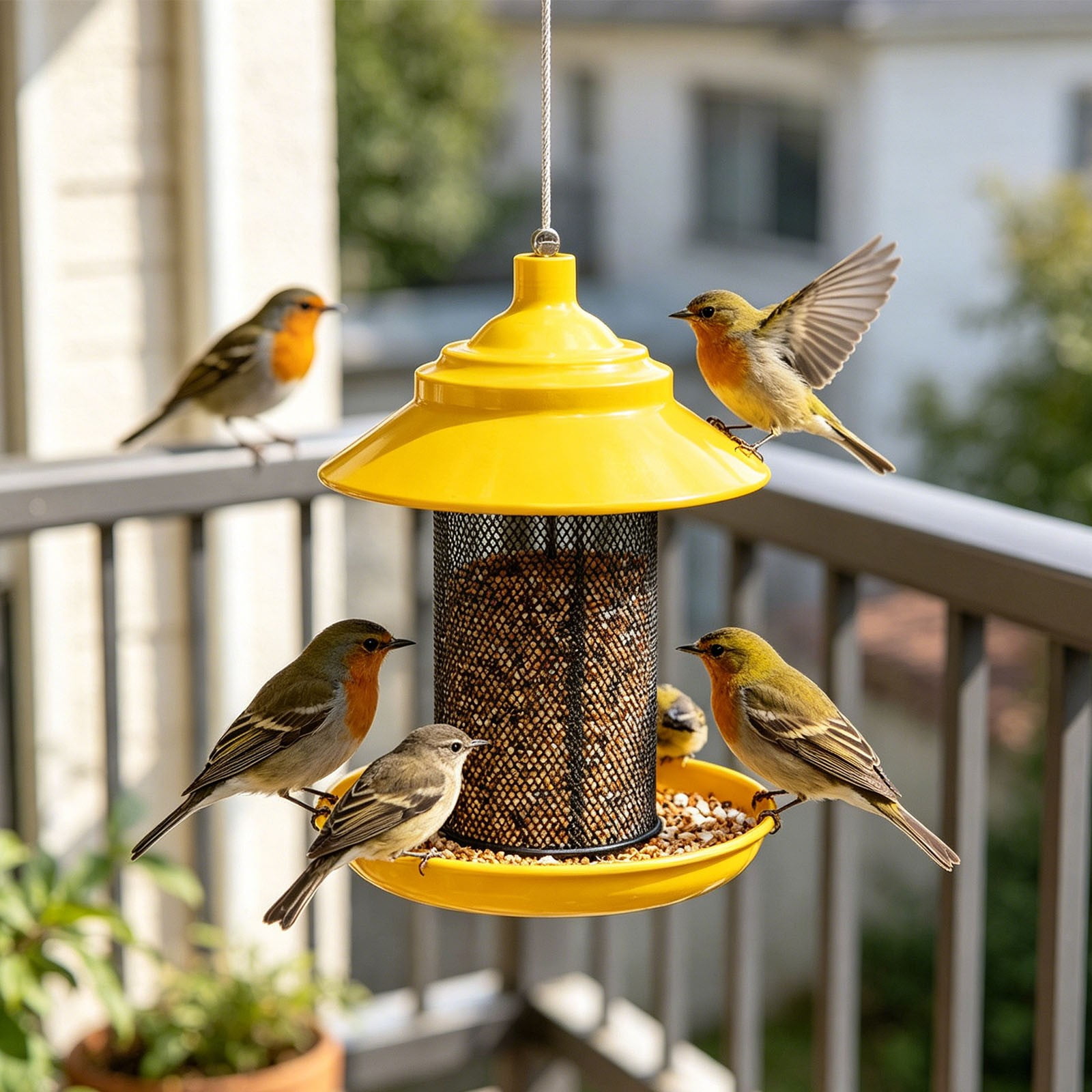 Squirrel Proof Metal Mesh Thistle Bird Feeder, Yellow Weatherproof Hanging Wild Finch Feeder with Rain Roof, 2.5LB Large Capacity Outdoor Bird Feeder(Yellow)