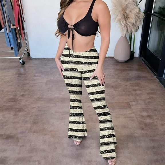 Women's Vintage Flare Pants Elastic High Waist Leopard Print Slim Trousers Stretch Casual Stylish Y2K Outfits (XL, Beige-Q)