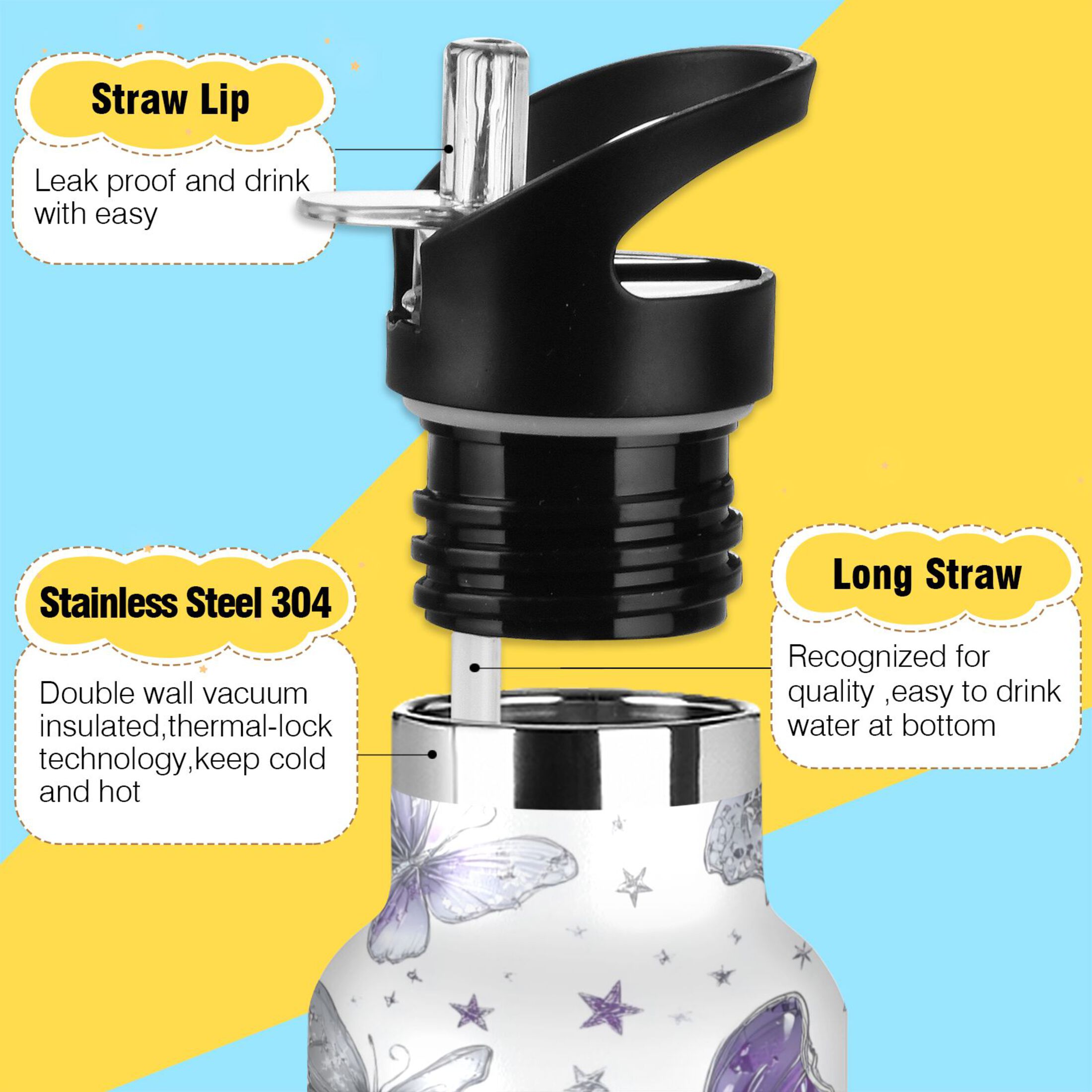 600ML Stainless Steel Insulated Cup Sports Water Bottle Portable Thermos Cup Water Glasses Insulated Tumblers Convenient and Durable Light Purple Butterfly