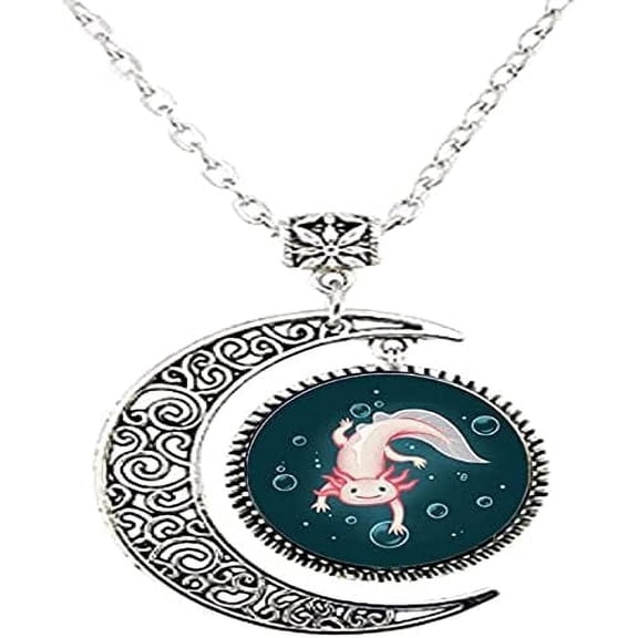 Cute Animal Axolotl Glass Art photo Moon Necklace Man Woman Jewelry as Gifts