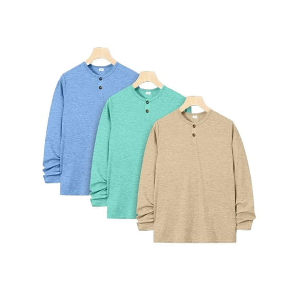 Mikrdoo Casual Solid Color Half Button Long Sleeve T-Shirts For Boys,3-Packs
