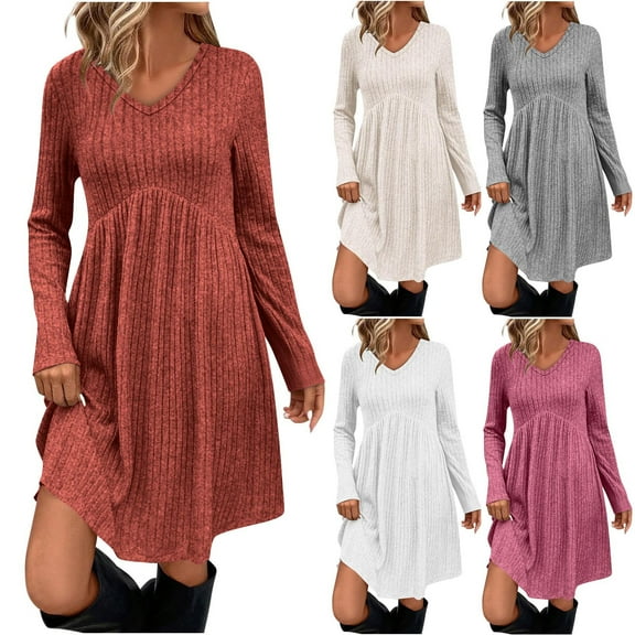 Efsteb Womens Sweaters V Neck Long Long Sleeve Fall Dresses Casual Midi Sweater Dress Comfy Fashion Clothes (Beige,L)