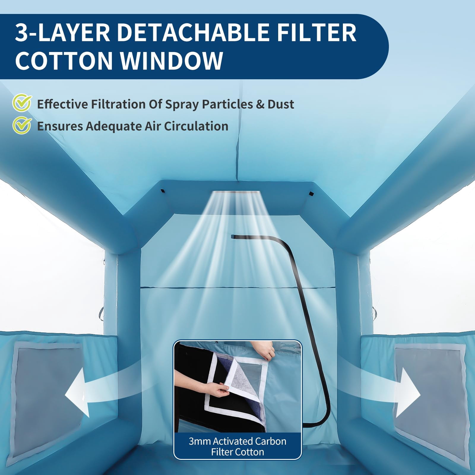 Volkmi Inflatable Spray Paint Tent, Blue Portable Spray Shelter with 3-Layer HEPA Filtration & High-Speed Blower for Garage, Workshop, Car & Furniture