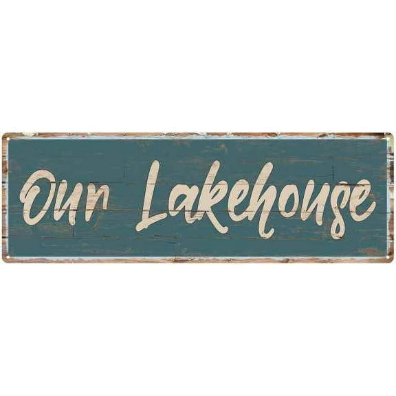 Our Lakehouse Beach Style Wood Look Sign Gift Green 6x18 Metal Decor 106180086053