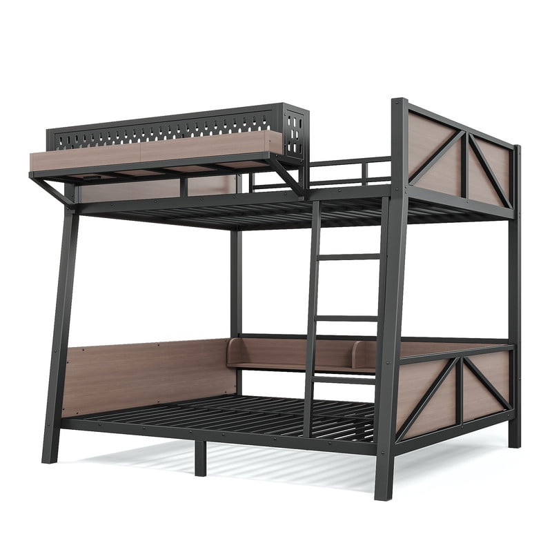 Full-Over-Full Storage Bunk Bed with Shelves, Multi-Functional Metal Bed Frame with LED Light and Charge Station for Kids,Teens