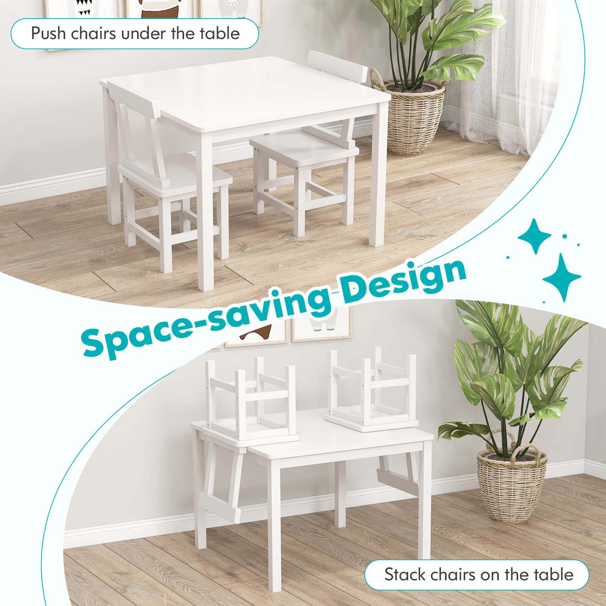 Costway Wooden Kids Table and 2 Chairs Set with Rubber Wood Legs Anti-slip Foot Pads White