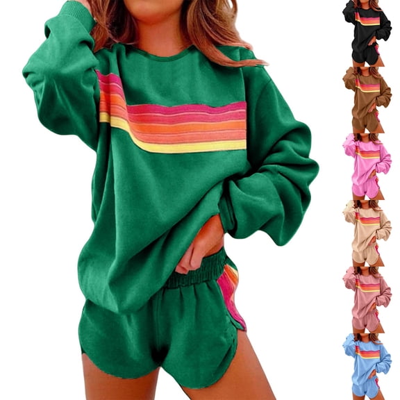 2 Piece Lounge Sets for Women Spring Rainbow Striped Long Sleeve Casual Sweatshirt Shorts Matching Sweatsuits Outfits Pink M