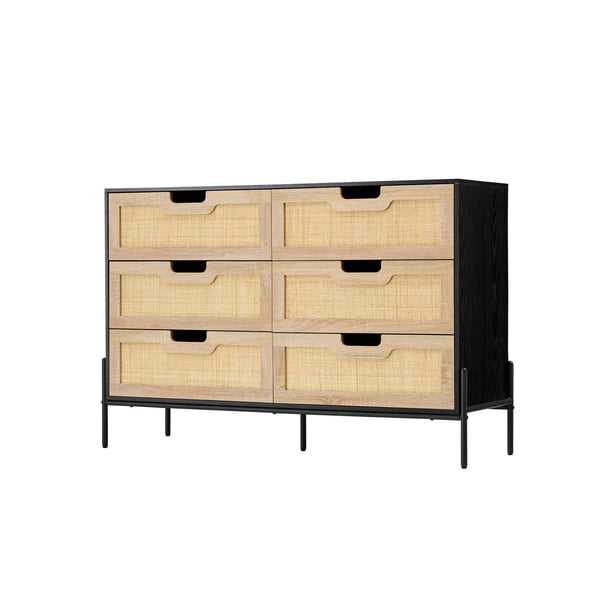 6-cajón cómoda con natural rattan cajones y spacious almacenamiento, wood chest con metal legs para dormitorio, sala de estar, hallway, o entrada (5 cajones cómoda)