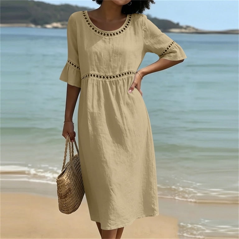 loose fitting cotton summer dresses CHUMUD Summer Dresses for Women Cotton Blend Midi Dress, Round Neck 3/4  Ruffle Sleeve Dress with Hollow Out Details, Casual Loose Fit Empire Waist
