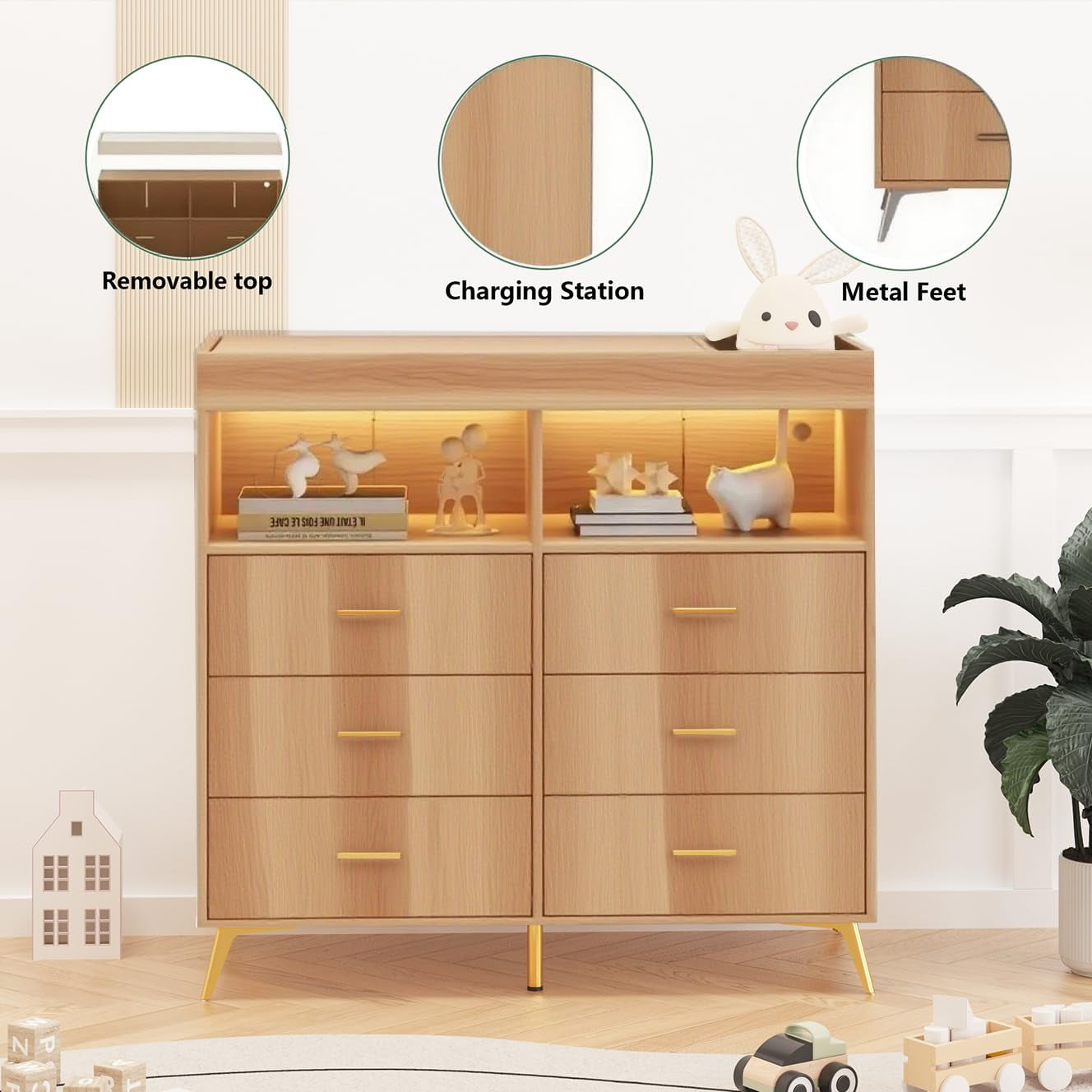 Dresser for Bedroom with 6 Drawers, Multi-Functional Nursery Dresser with LED Lights & Charging Station,Baby Changing Table Table with Diaper Changing Station