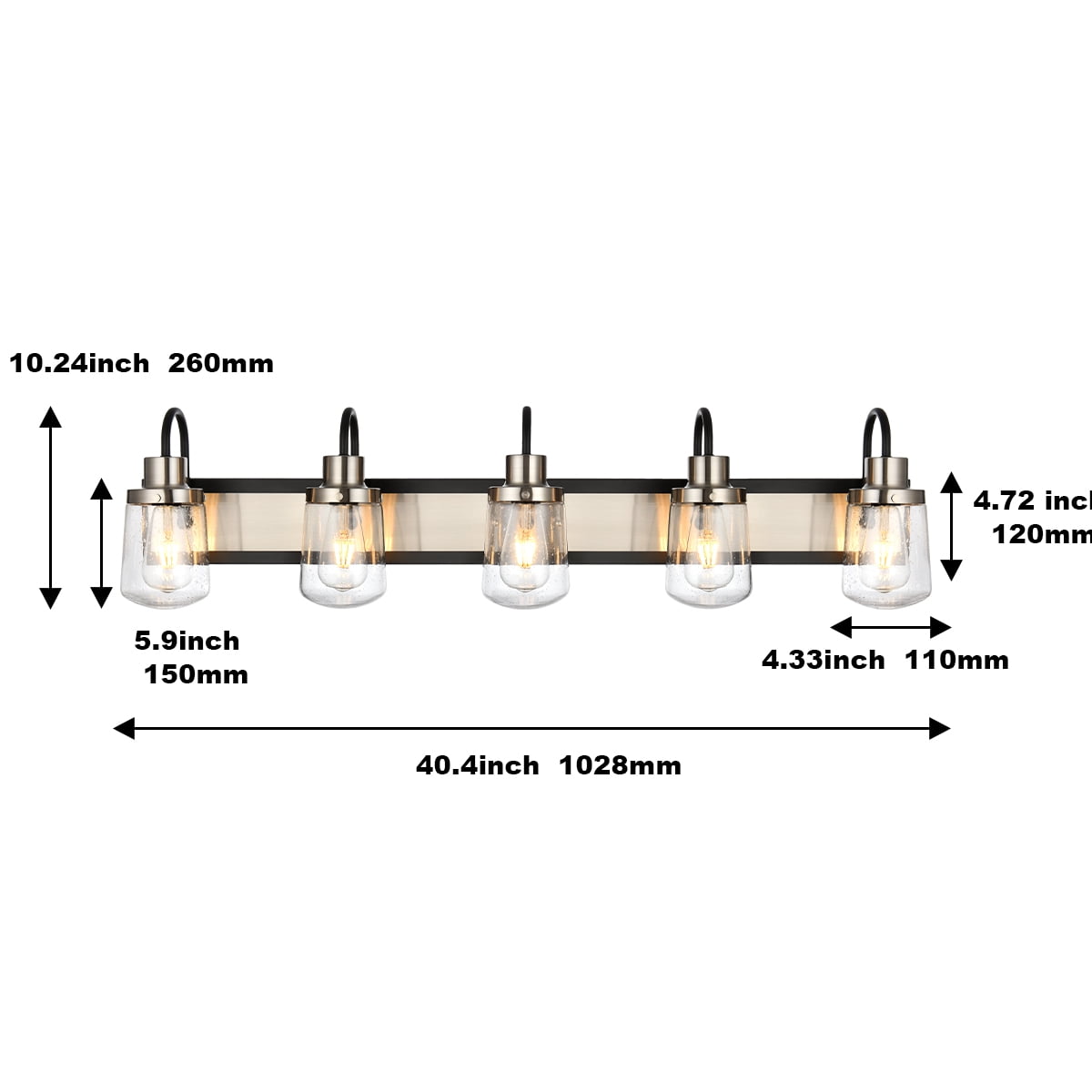 Melucee Black and Brush Nickel Vanity Light, 5-Light Fixture Seeded Hourglass Glass Shade E26 Bubble, Over Mirror Light for Bathroom