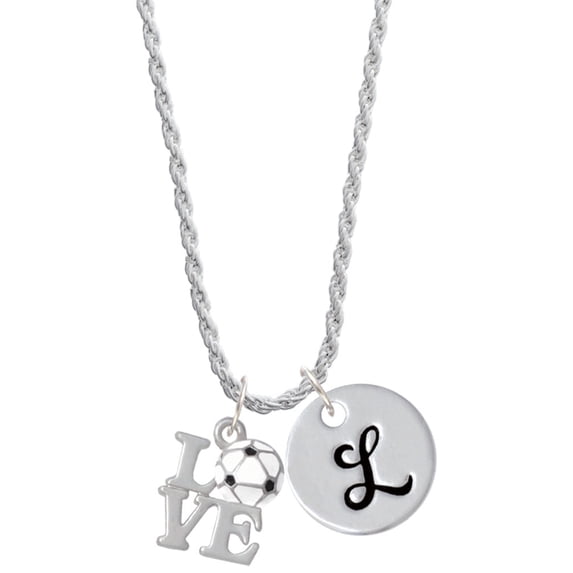 Delight Jewelry Love with Soccer Ball Silvertone Script Initial Disc - L - Charm Necklace, 20"+3"