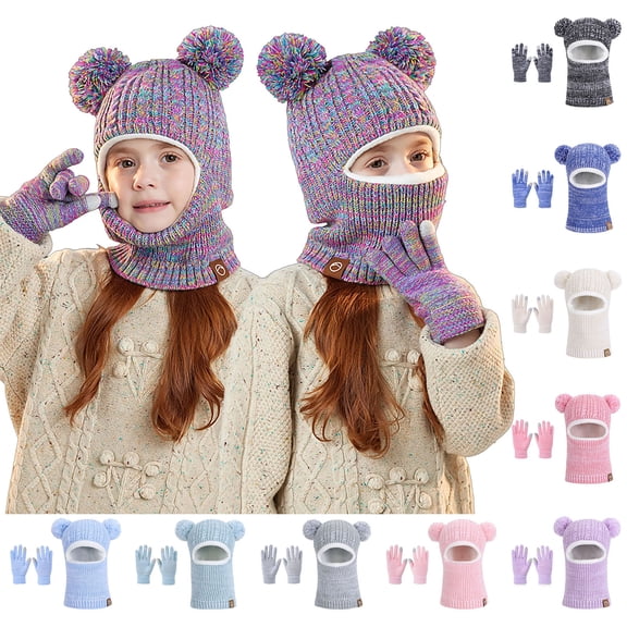 ShomPort Kids Hat Gloves Set 2 in 1 Thicken Knit Neck Warmer Beanie Hat and Mittens for Girls Boys 4-10 Years