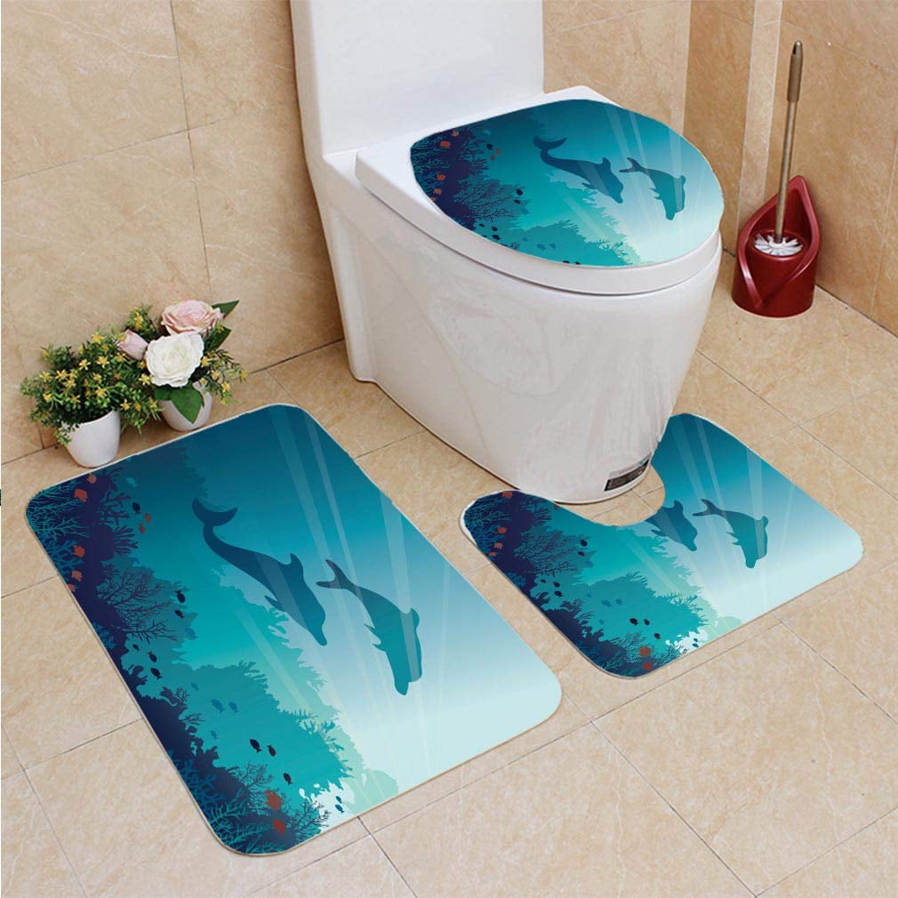 PUDMAD Dolphins Corals sea Underwater 3 Piece Bathroom Rugs Set Bath