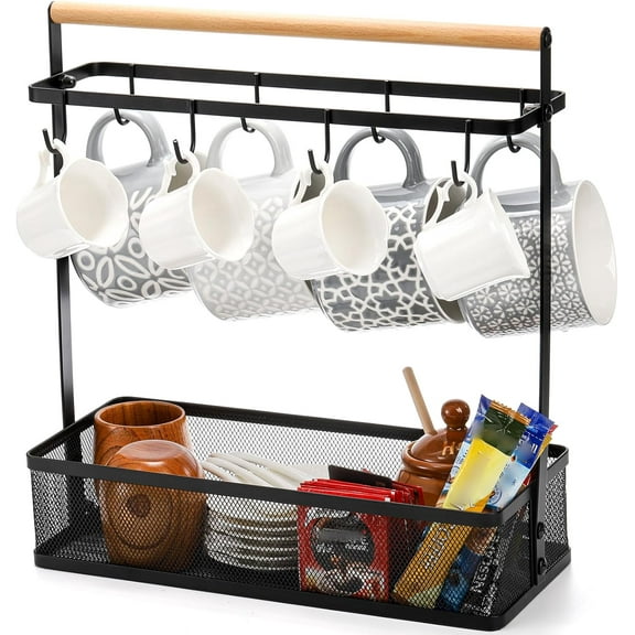 Coffee Cup Holder with Storage Basket, Coffee Mug Tree Rack with Handle, Cup Stand Coffees Station Bar Organizer for Countertop, Holds 8 Cups (Black)