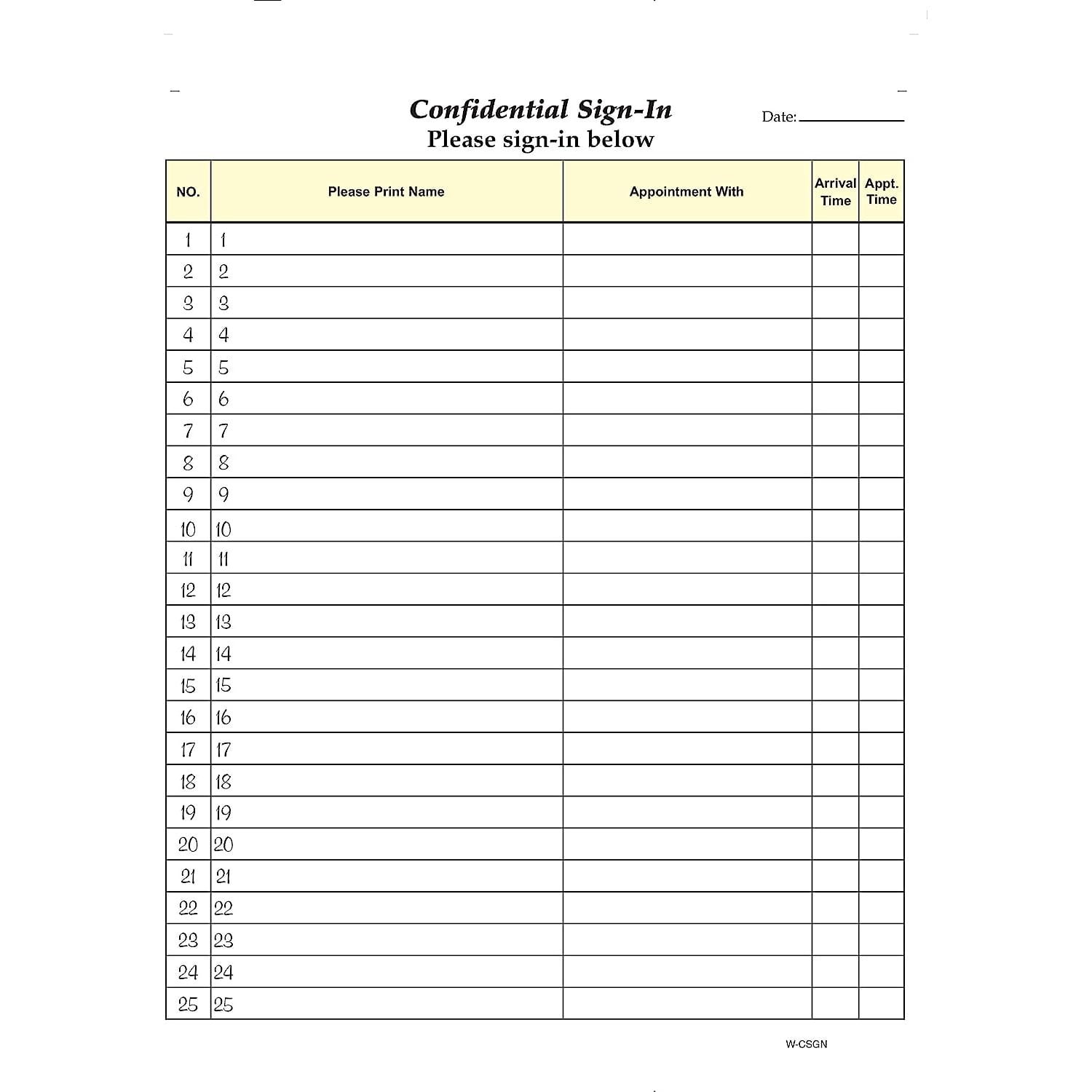 Confidential Signin Sheets, 81/2" X 11" (WHITE) Carbonless Form (Lot