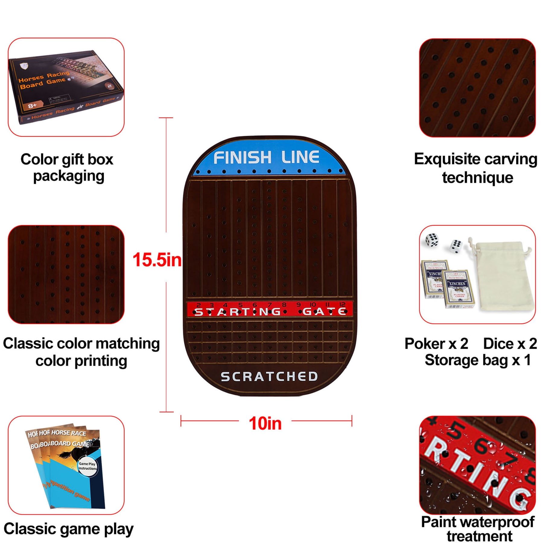 Grhonior Horse Race Board Game Racing Game Thickened Solid Wood with 11 Luxurious Durable Classic Metal Horses with 4 Dice and 2 Boxes of Cards Horse Racing Game (Walnut Color, Oval)