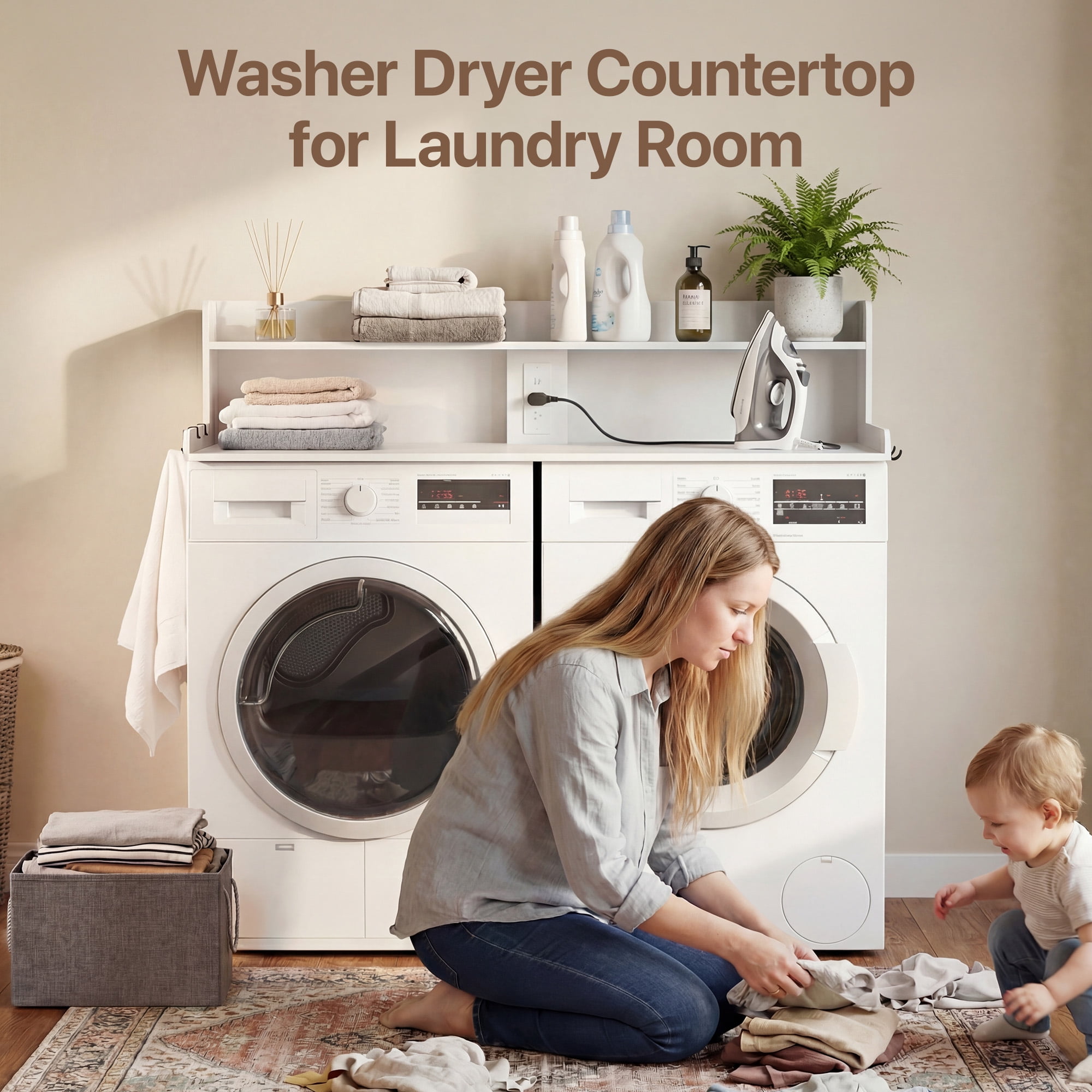 YDN 2-Tier Large Laundry Countertop with Power Outlet & LED Lights, 54" Washer Dryer Countertop for Laundry Room Organization,Washer and Dryer Topper W/ Storage Basket,Metal Hooks,Non-Slip Pad,White