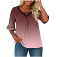 thumbnail image 4 of Aueoeo Women's Plus Size Elow Length Sleeve Casual T-Shirts with Pleats, Summer V-Neck Printed Tops for Springtime and Summer (Xl–5Xl),Wine,XL, 4 of 6