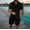 Black, variant on Men'S Summer Breathable Two Piece Wrinkled Shirt Shorts Set Men'S Textured Beach Suit Khaki + S