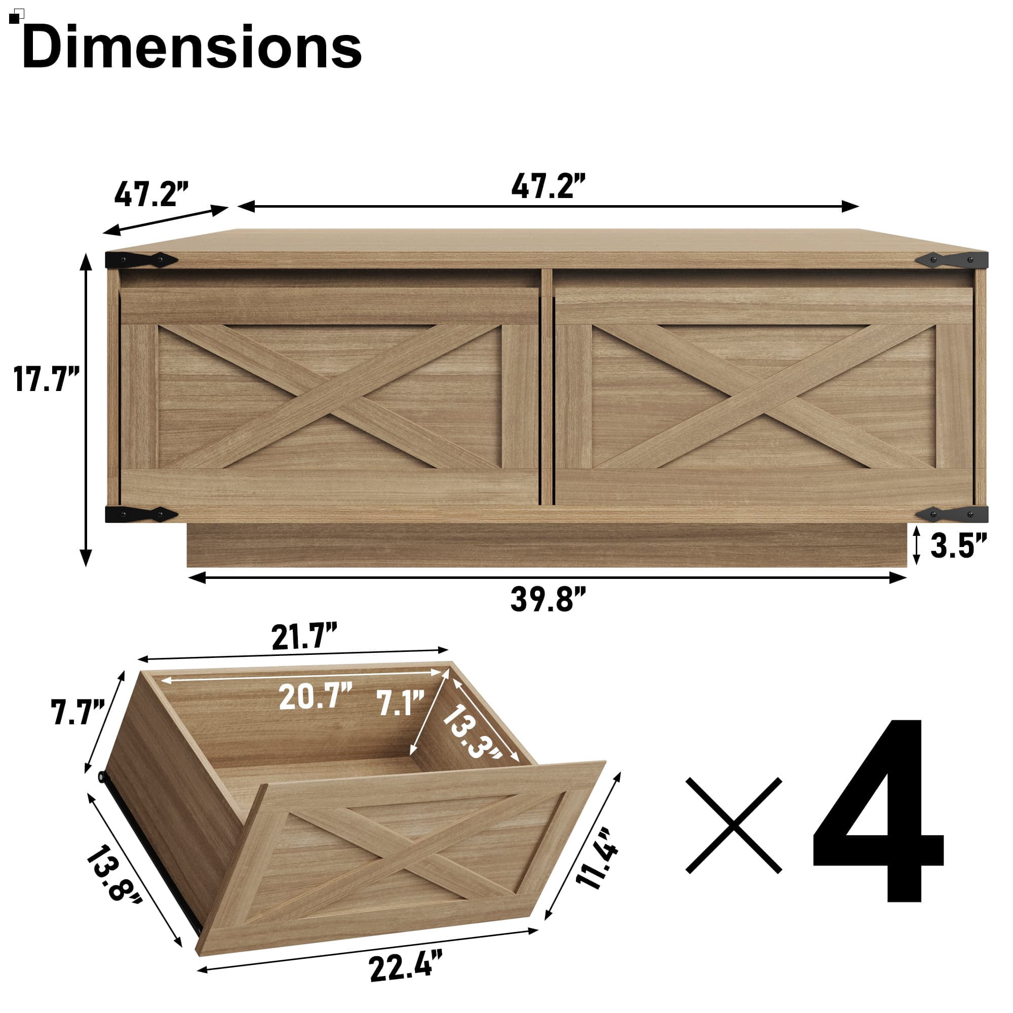 47" Farmhouse Square Coffee Table with 4 Storage Drawers, Rustic Wood Center Table for Large Living Room & Sectional Sofa, Modern Floating Base Design