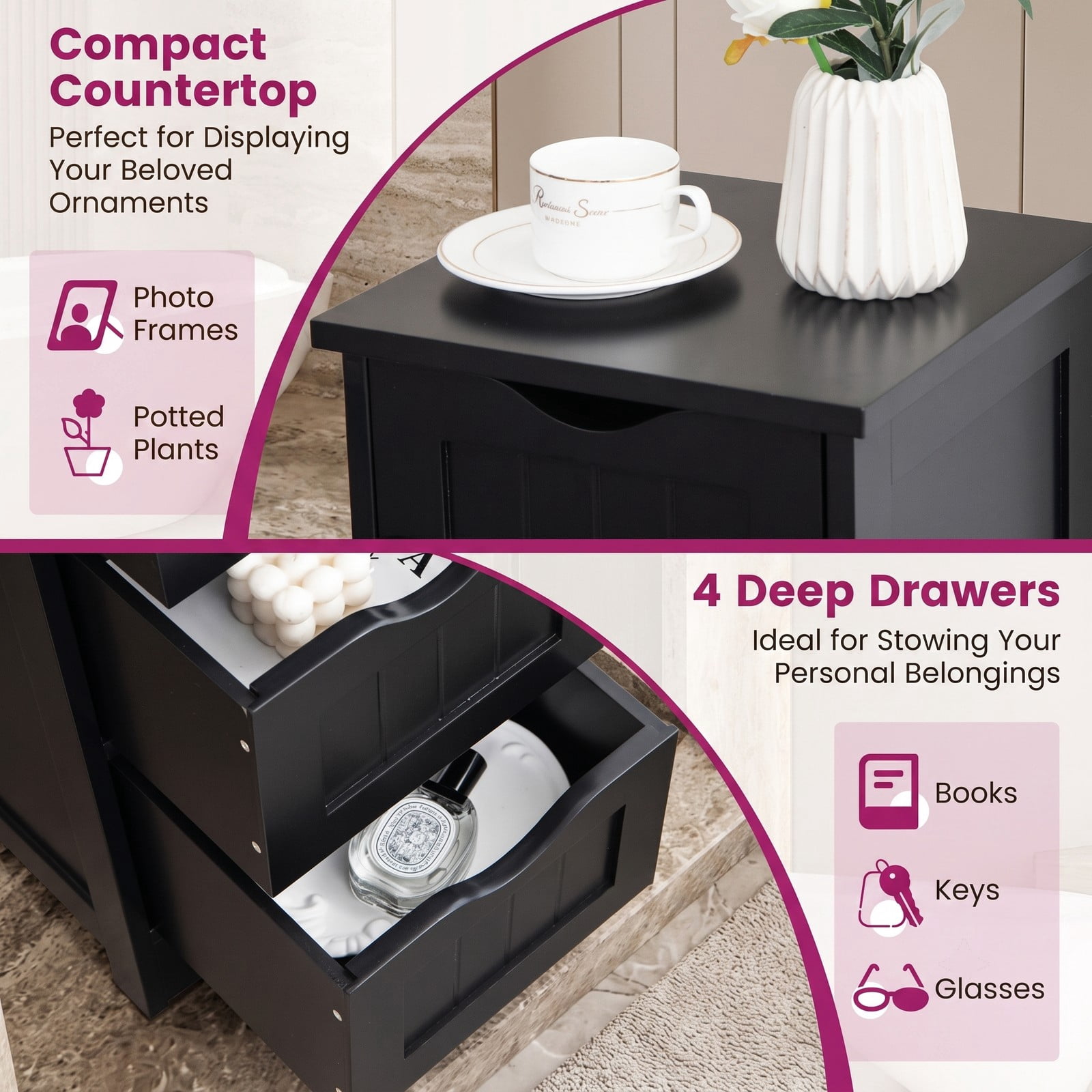 ALPULON 4-Drawer Freestanding Bathroom Floor Cabinet, Narrow MDF Storage Side Organizer with Anti-Toppling Device and Cut-Out Handles for Bathroom Living Room, Black