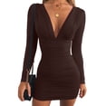 thumbnail image 3 of Robe de Cocktail Mini de Fête à Manches Longues Col en V Froncé pour Femmes Marron Foncé m, 3 of 8