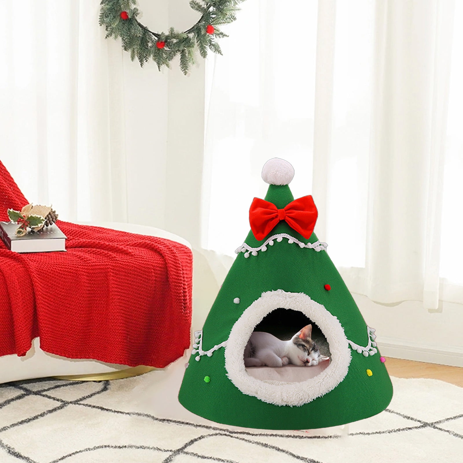 Nebwoak Soft Nest for Dog and Cat Christmas Candy Pet Bed Pet Villa Kitty Bed Dog Bed Winter Warm Cats Bed Yurt Pet Houses Pet Tent House