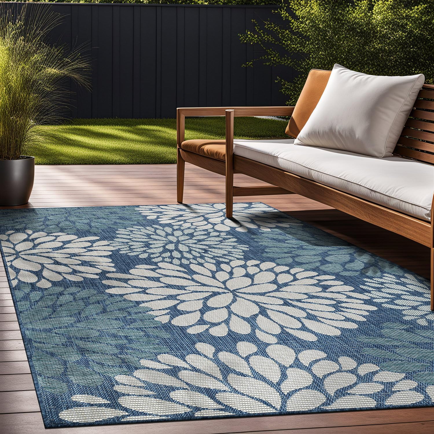 Beverly Rug Indoor/Outdoor Area Rugs,Modern Floral Patio Porch Garden Carpet, Blue/Turquoise, 5'x7'